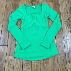 NEW Ingrid‎ Isabel Ribbed Bella Swan Square Neck Long Sleeve Top Bright Green S